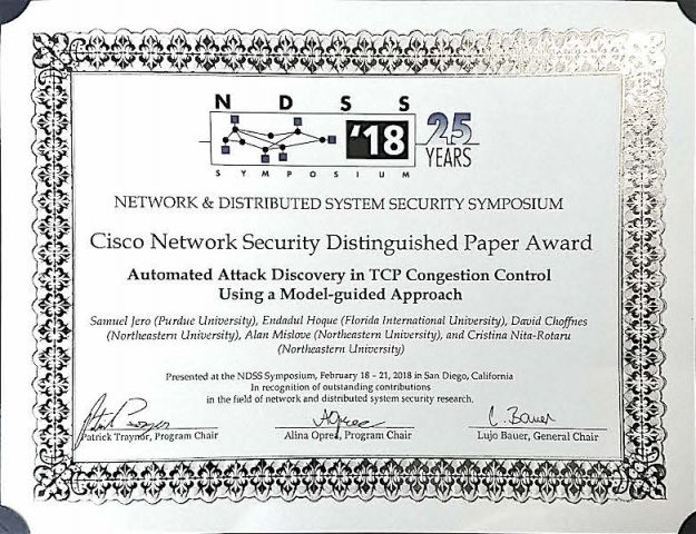 Photo of NDSS 2018 Distinguished Paper Award