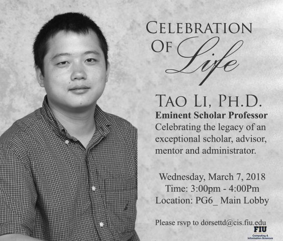 A flyer of Celebration of Life of Dr. Tao Li