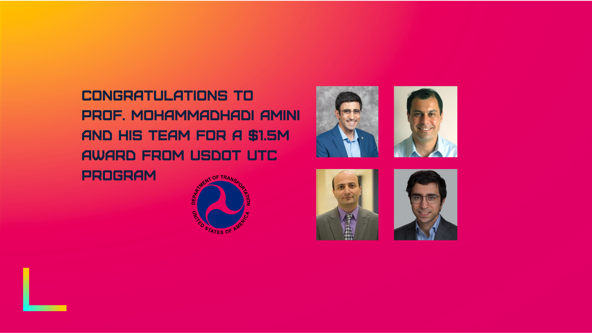 Congratulations to Prof. Mohammadhadi Amini and his team for a $1.5M award from USDOT UTC program